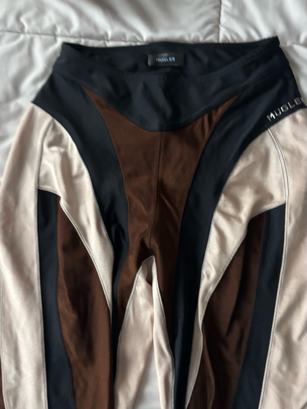 MUGLER Colorblock High-Waist Leggings in Black, Brown & Cream
